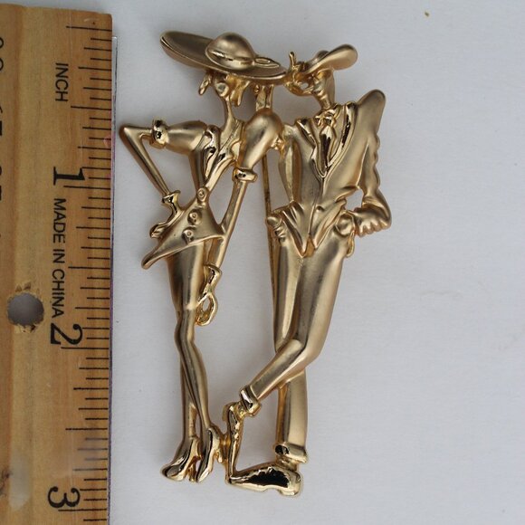 Vintage Lady & Gentleman Stylish Elegant Couple Gold Tone Brooch LR98 signed - Picture 1 of 2
